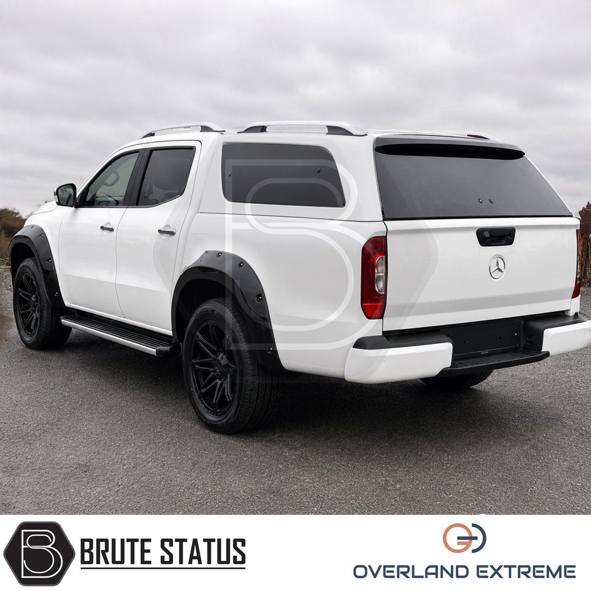 Gloss black wide body arch kit for Mercedes X-Class, adding aggressive off-road looks and a wider vehicle stance.