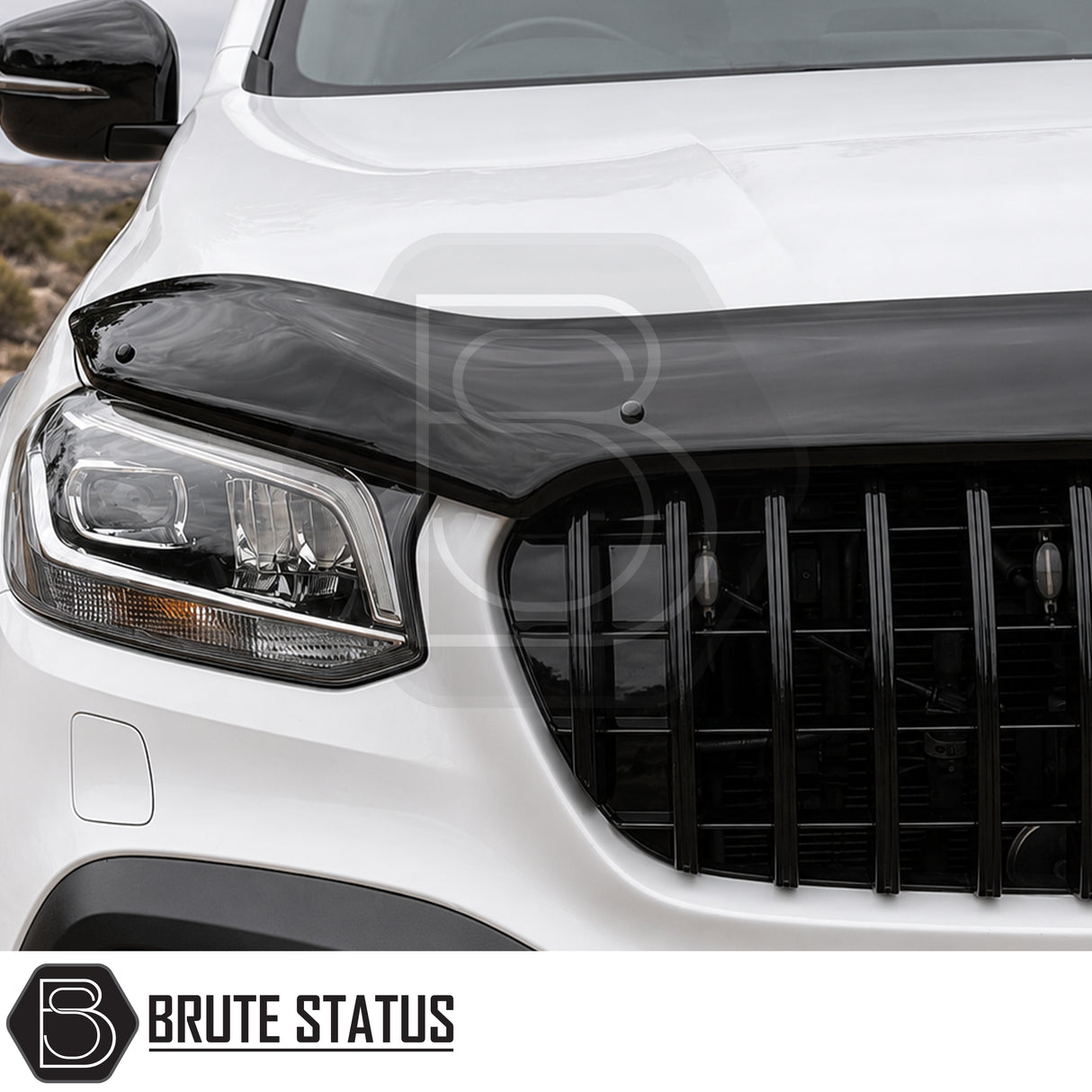 Mercedes X-Class 2017-2020 white pickup featuring black bonnet protector designed to shield against stone chips, road debris and insect impacts