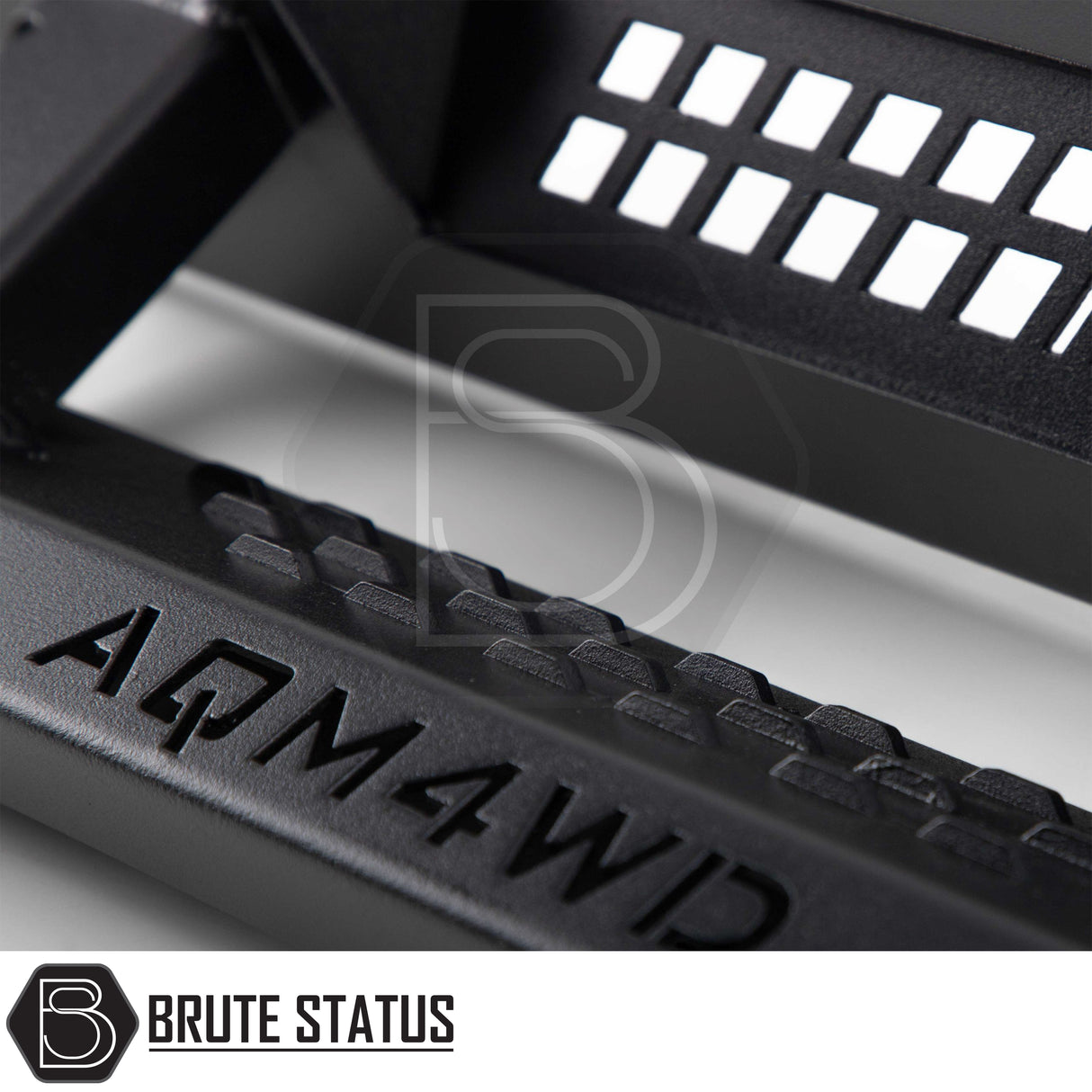 Close up of matte black AQM powder coated carbon steel side steps for Mercedes X-Class pickup truck offroad 4x4 vehicle. All mounting hardware included.