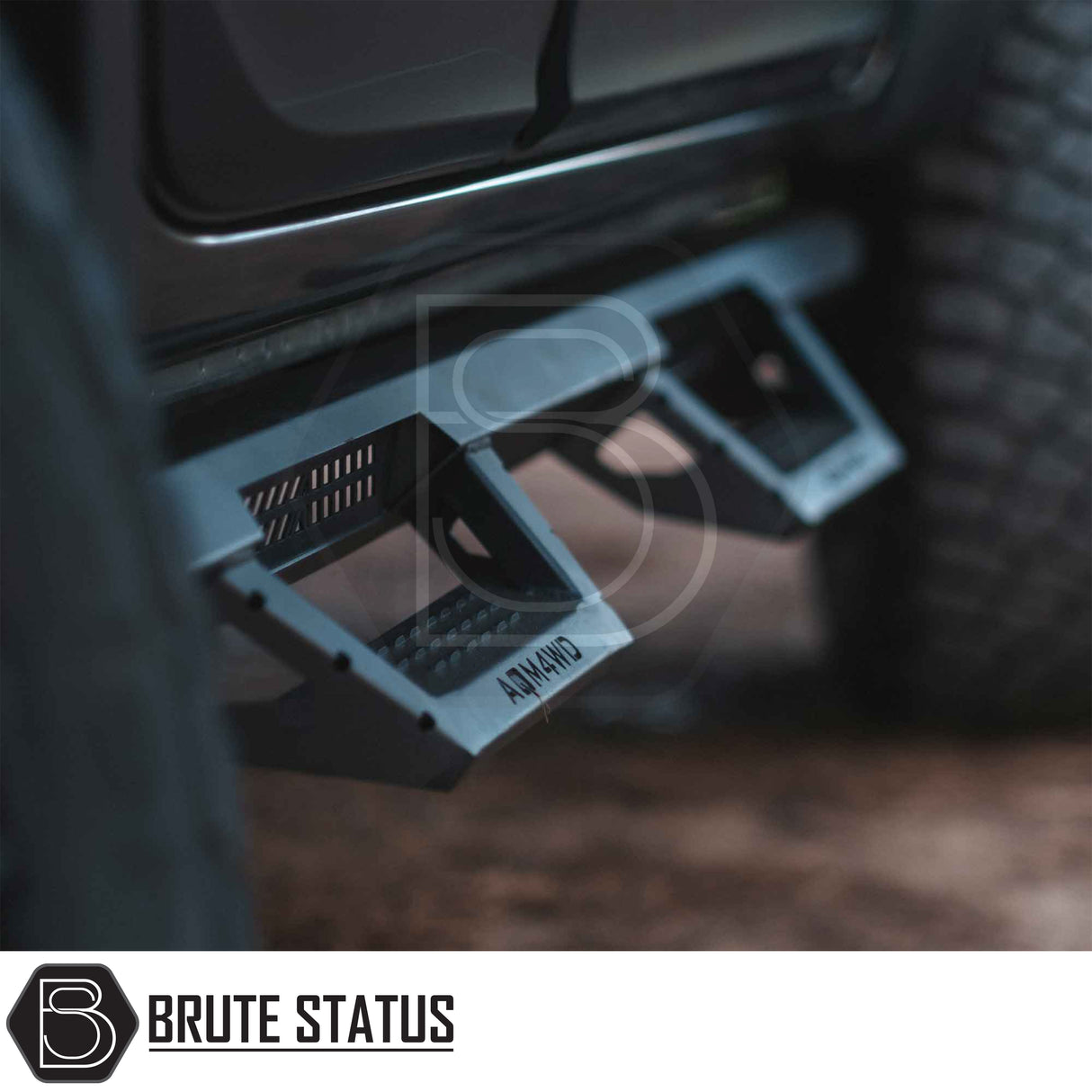 Fitted close up of matte black carbon steel powder coated AQM side steps for pickup truck offroad 4x4 vehicle. Suitable for overlanding set ups and easy access.