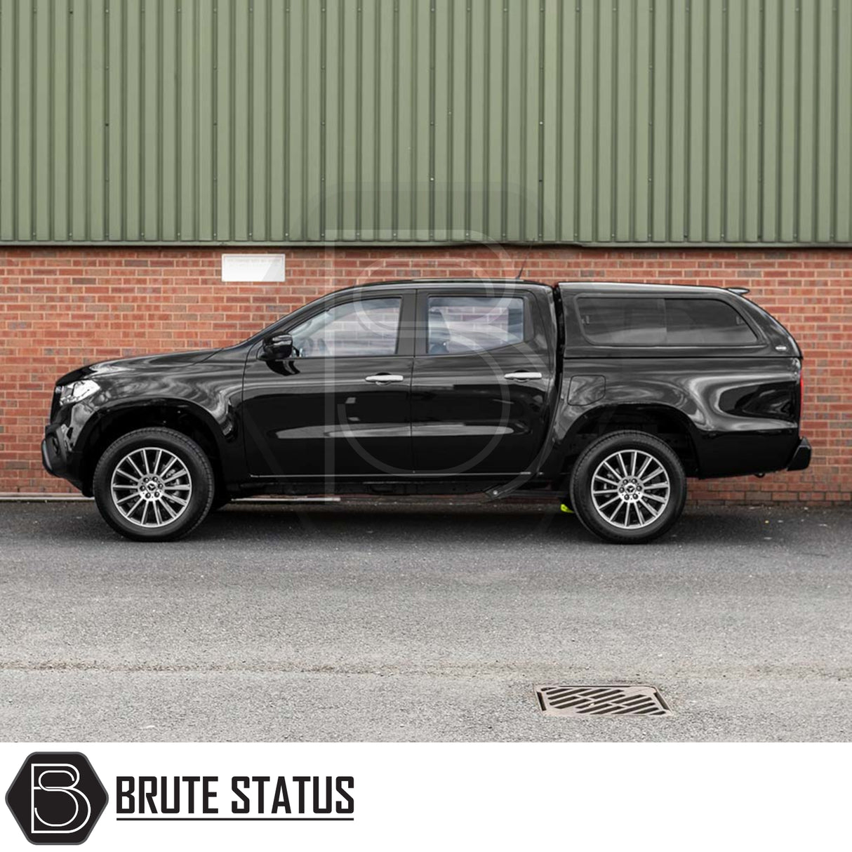 Mercedes X-Class 2017-2020 Truckman GLS Hardtop Canopy with remote locking and roof bars, shown on a black pickup truck with side profile view.