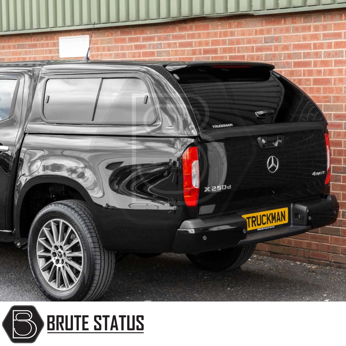 Mercedes X-Class 2017-2020 Truckman GLS Hardtop Canopy shown, featuring tinted windows, lockable canopy, and roof bars, enhancing pickup's style and secure storage.