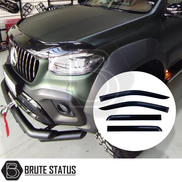 Mercedes X-Class 2017-2020 bonnet guard and wind deflectors set – durable black acrylic bundle for style, protection, and all-weather driving.