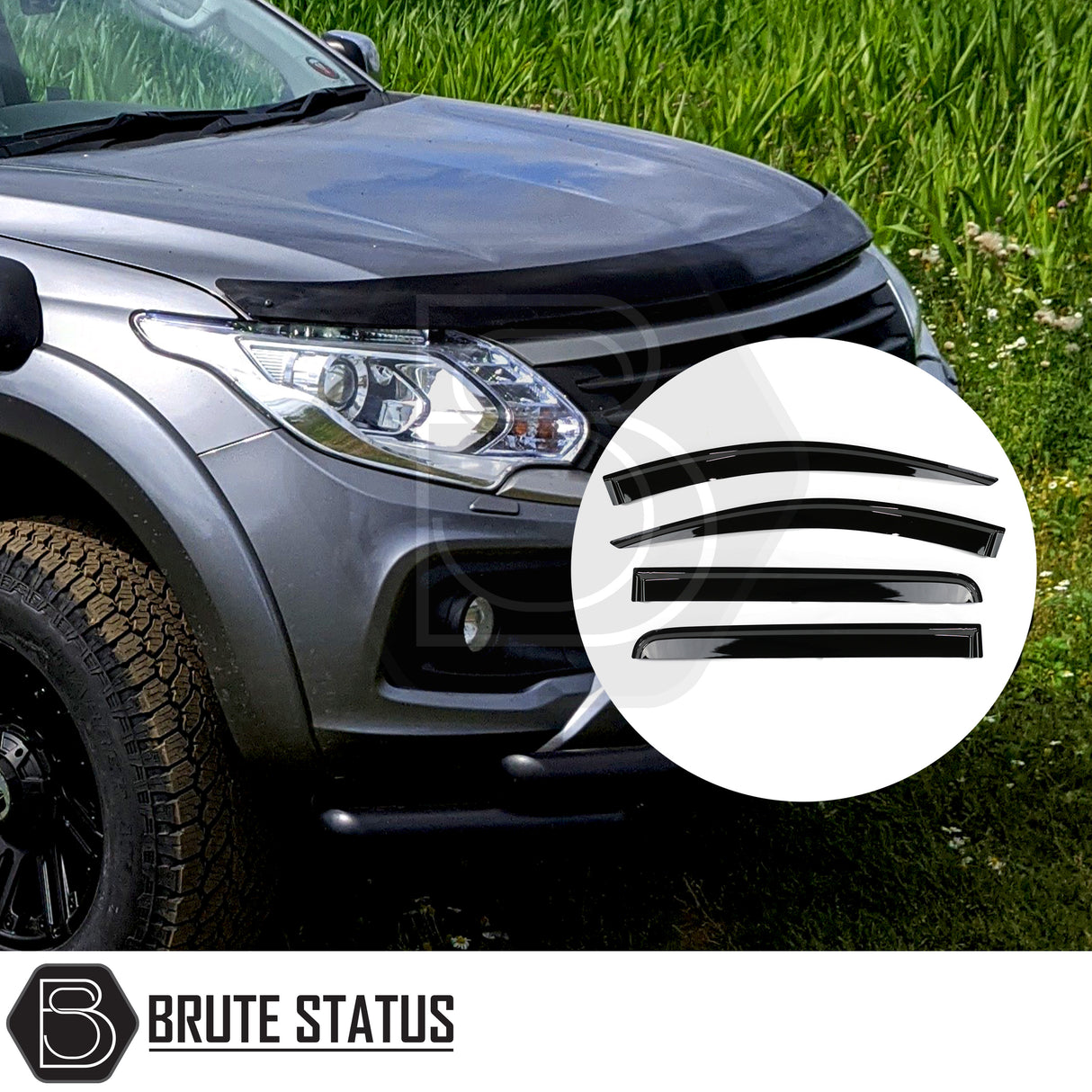 Mitsubishi L200 Series 5 2015–2019 Premium Black Acrylic Bonnet Guard and Wind Deflectors Set – 4-Piece Front & Rear Window Deflectors with Aerodynamic, Scratch-Resistant Design