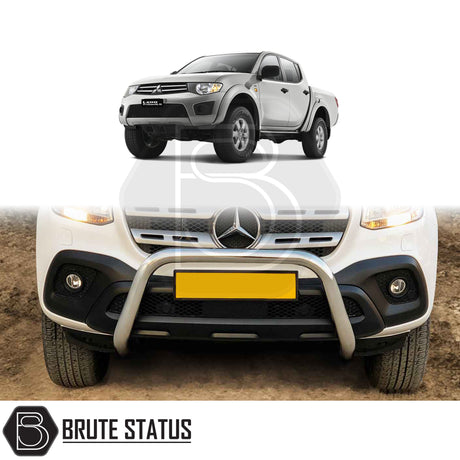 chrome bull/nudge bar for the mitsubishi l200 2006-2014 pickup truck, showcasing its rugged design and protective build