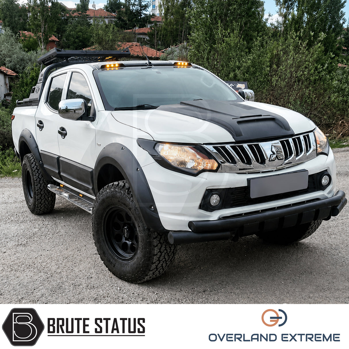 Overland Extreme bonnet scoop for Mitsubishi L200 Series 5 2015-2019, satin black hood scoop designed to enhance off-road appearance and rugged pickup truck aesthetics.