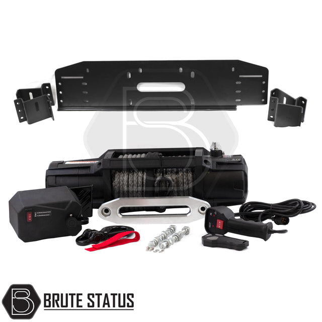 Mitsubishi L200 Series 4 2006-2014 12000LB Winch and Mounting Bracket with Dyneema rope, hand controller, and wireless remote, showcasing robust, high-performance truck accessory.