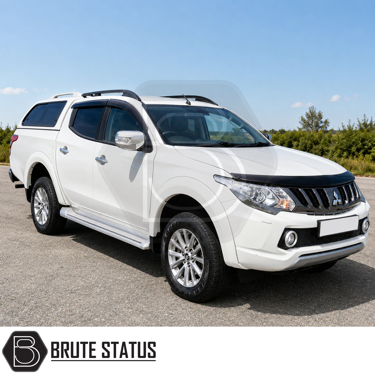 White Mitsubishi L200 Series 5 2015-2019 fitted with slim style black bonnet guard for bug and stone chip protection