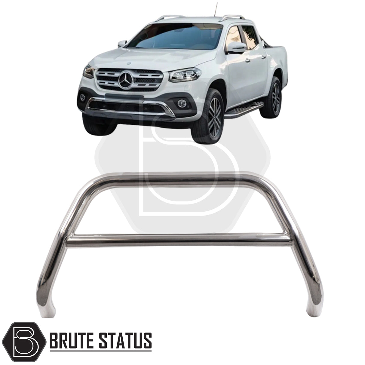 Chrome bull bar for a 2017-2020 Mercedes X-Class, made from durable carbon steel to enhance styling and provide bumper protection, featuring a TÜV-certified, no-drill, DIY installation using chassis-mounted U-brackets.