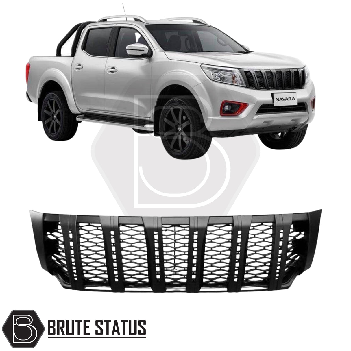 Nissan Navara NP300 2015–2022 front grille in smooth black ABS with integrated LED daytime running lights.