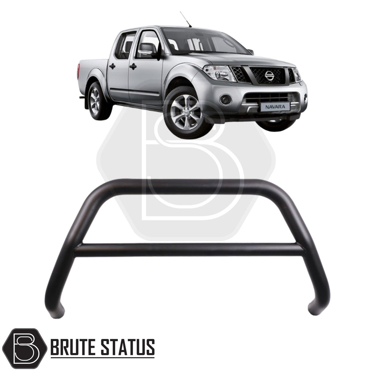 Matte black city bar for a Nissan Navara D40, made from durable carbon steel to enhance styling and provide bumper protection, featuring a TÜV-certified, no-drill, DIY installation using chassis-mounted U-brackets.