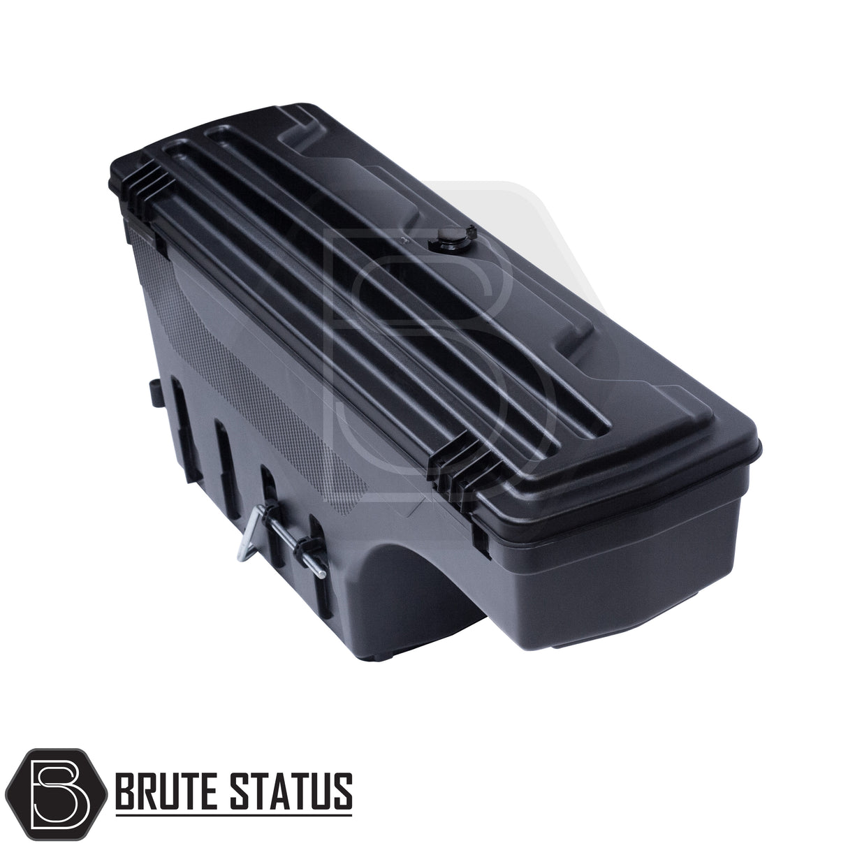 Driver side heavy-duty ABS plastic wheel well lock box for 2012-2021 Isuzu D-max, featuring a matte black finish, weather-sealed lid, integrated lock, and swivel-out design for secure, organized truck bed storage.