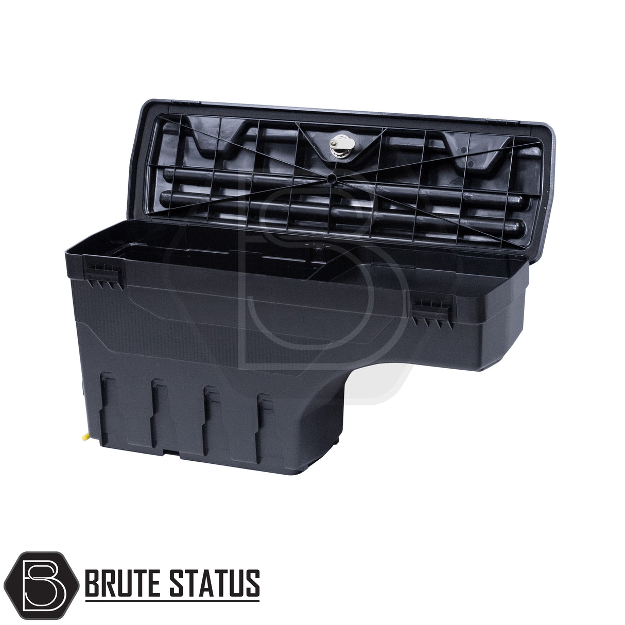 Passenger side heavy-duty ABS plastic wheel well lock box for nissan navara np300, featuring a matte black finish, weather-sealed lid, integrated lock, and swivel-out design for secure, organized truck bed storage.