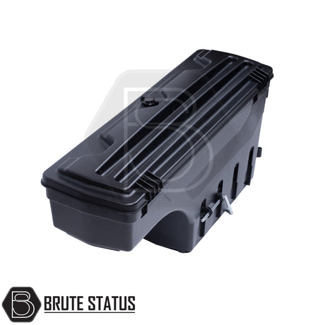 Passenger side heavy-duty ABS plastic wheel well lock box for nissan navara np300, featuring a matte black finish, weather-sealed lid, integrated lock, and swivel-out design for secure, organized truck bed storage.