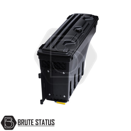 Passenger side heavy-duty ABS plastic wheel well lock box for 2012+ Ford Ranger, featuring a matte black finish, weather-sealed lid, integrated lock, and swivel-out design for secure, organized truck bed storage.