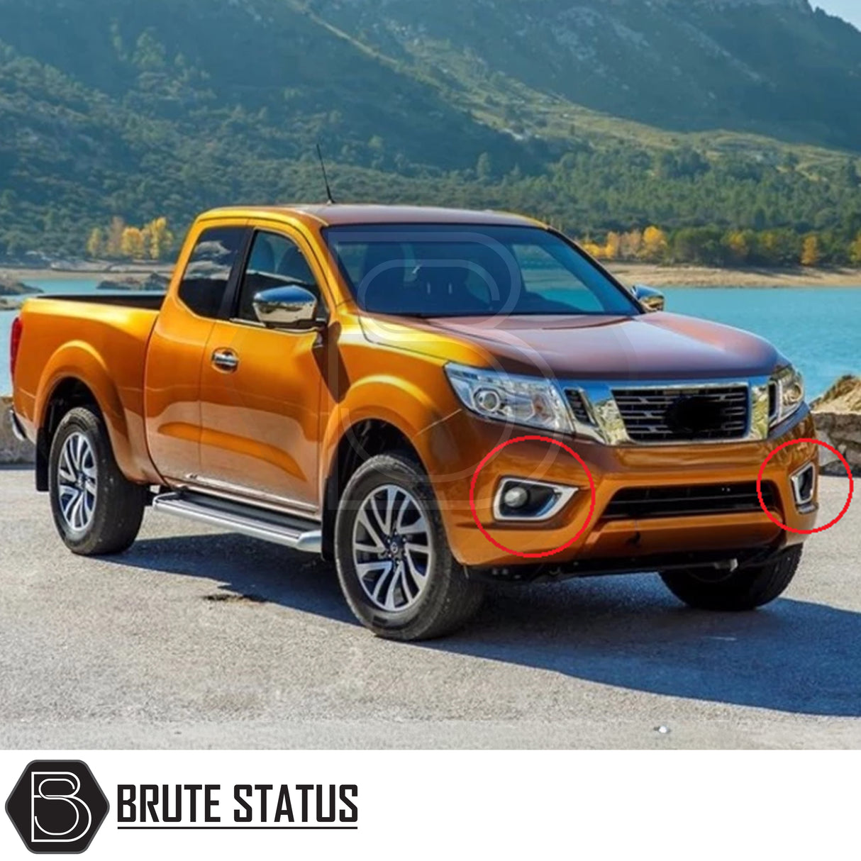 Nissan Navara NP300 2015-2022 aftermarket LED DRLs, chrome daytime running light fog lamp surrounds with OEM fitment for enhanced front-end styling.