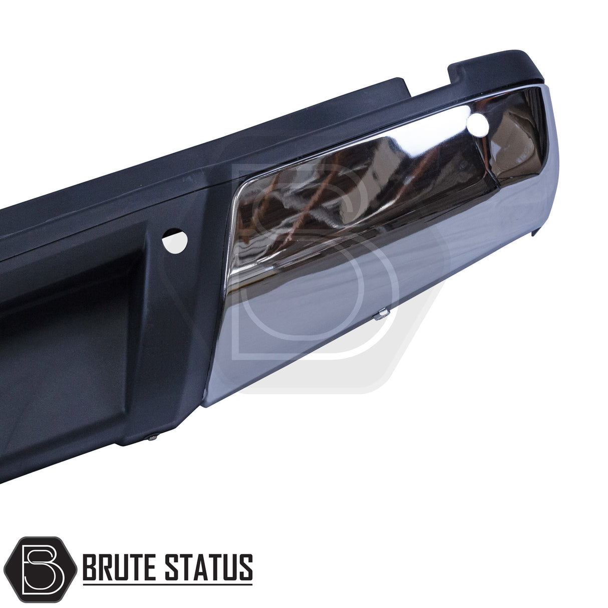 Chrome rear bumper for Nissan Navara NP300 (2015–2022), featuring a sleek factory-style finish, pre-drilled holes for OEM parking sensors, non-slip foot steps with drainage channels, and a durable, direct bolt-on design for easy installation and rugged use.