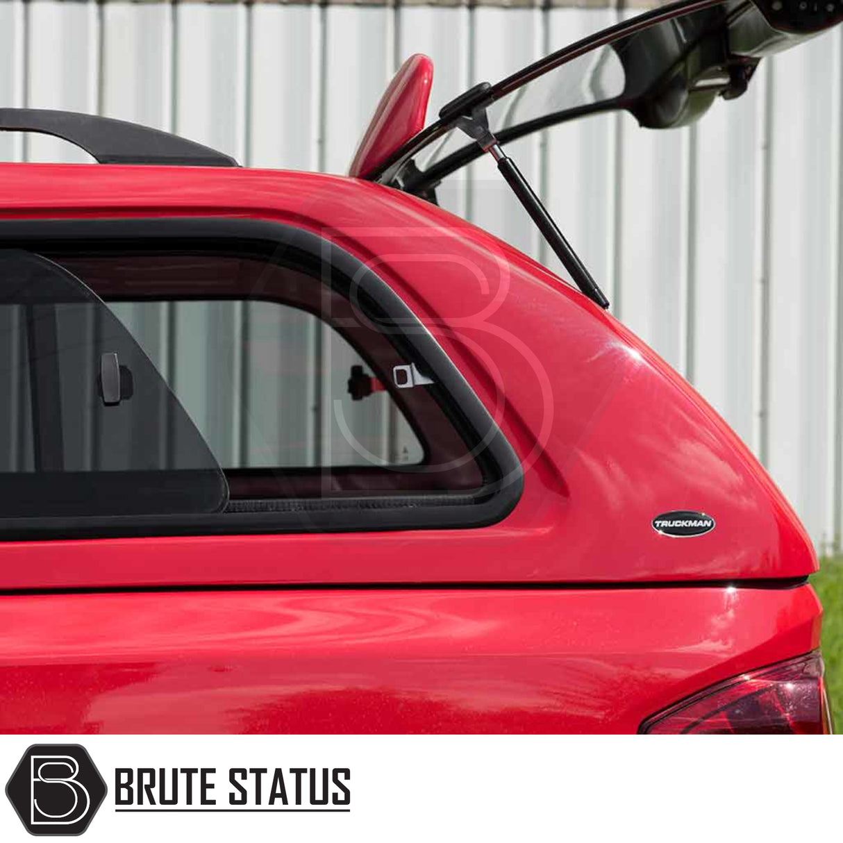 Nissan Navara 2015-2023 NP300 Truckman GLS hardtop canopy with remote locking, featuring tinted, lockable sliding windows, and a branded Truckman badge, showcased by Brute Status.