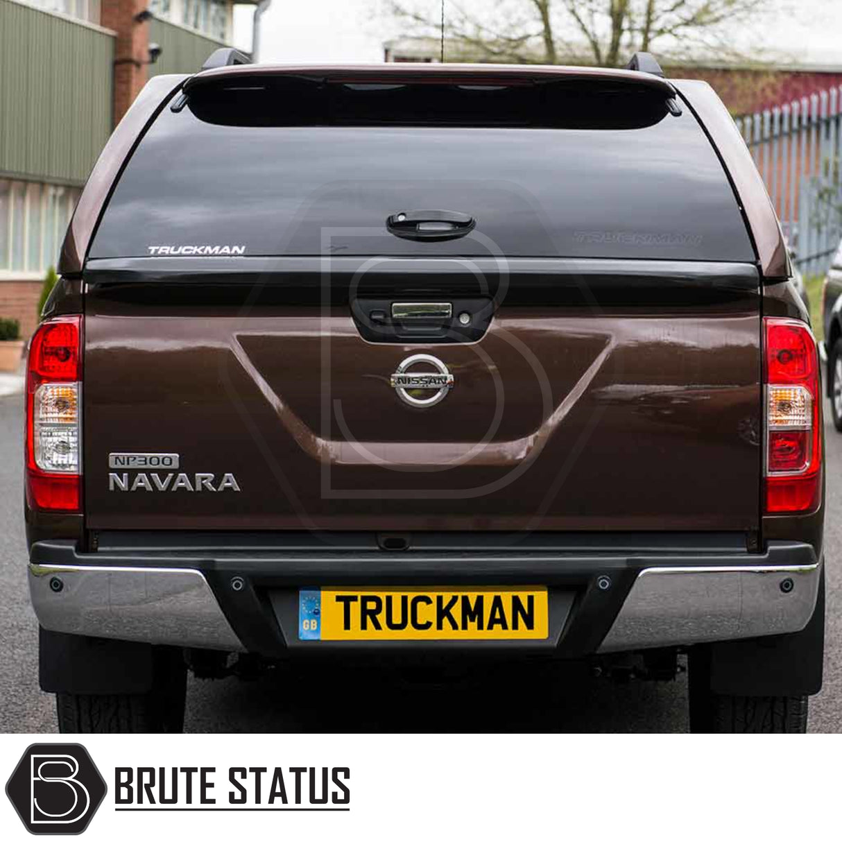 Nissan Navara 2015-2023 NP300 Truckman GLS Hardtop Canopy shown with rear view, featuring Truckman branding, lockable windows, and a Brute Status logo.