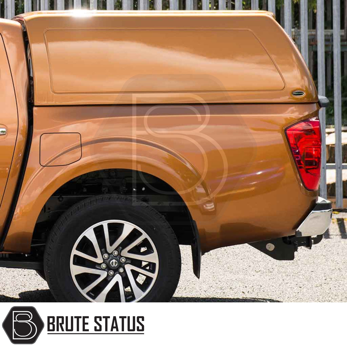 Nissan Navara NP300 Truckman RS Hardtop Canopy with glazed rear window and remote locking, featuring alloy wheel, tow hitch, and Brute Status branding.