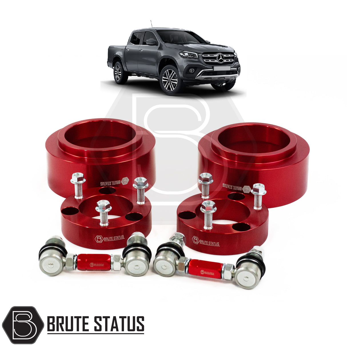 Brute status suspension lift kit and adjustable anti roll bar drop links in red for mercedes x-class pickup truck