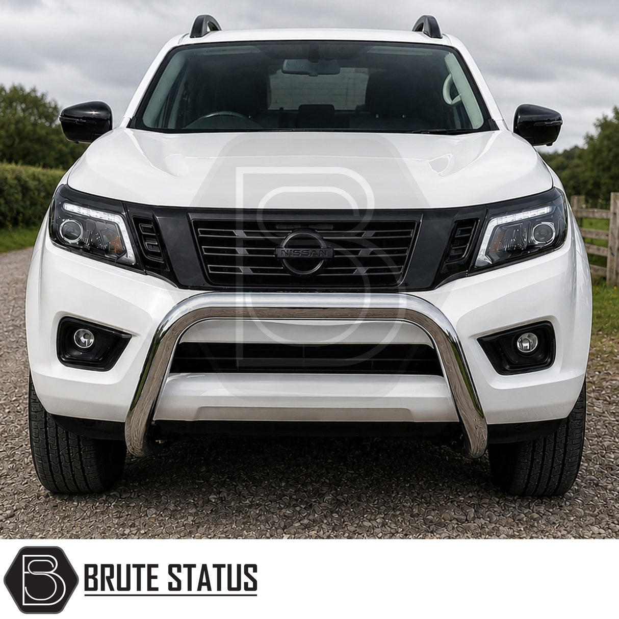 Front heavy duty offroad 4x4 pickup truck bull bar reinforcement fitted to white Nissan Navara, perfect for overlanding set ups, all mounting hardware fittings included.