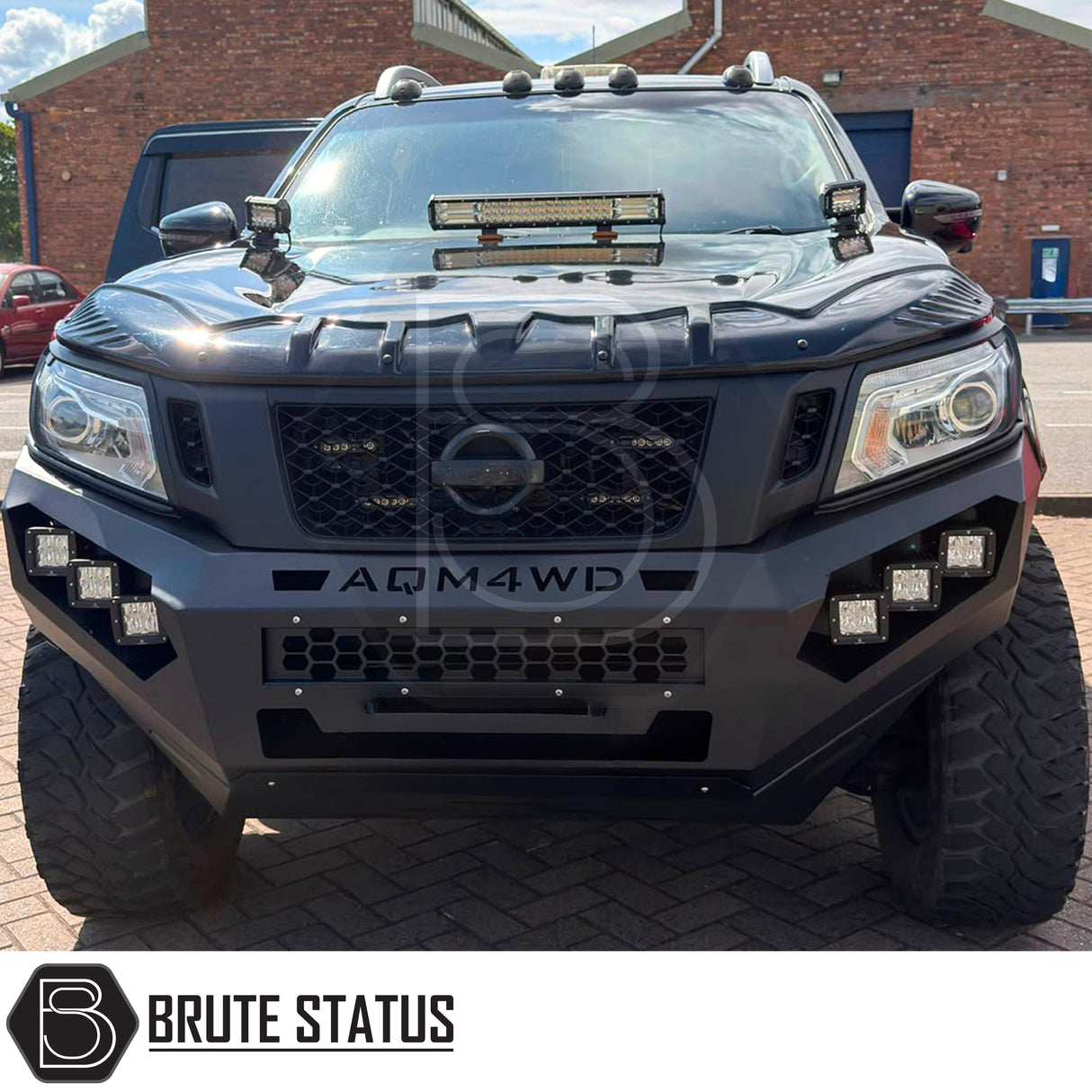Nissan Navara NP300 2015-2022 heavy duty steel front winch bumper with matte black powder coated finish and LED lights