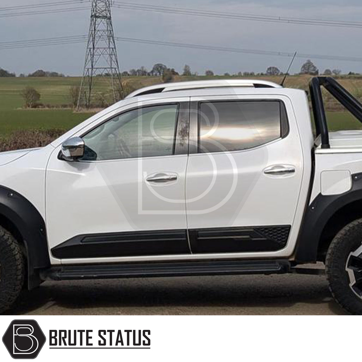 Rugged body cladding kit for Nissan Navara NP300 (2015–2022), includes 4 durable ABS plastic pieces in a flat black finish, offering UV resistance, easy installation with double-sided tape, and strong protection for lower door panels