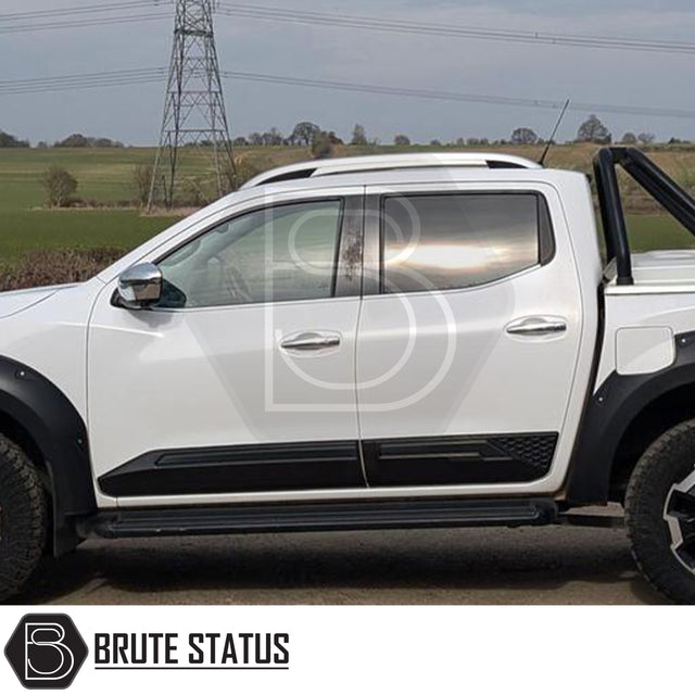 Rugged body cladding kit for Nissan Navara NP300 (2015–2022), includes 4 durable ABS plastic pieces in a flat black finish, offering UV resistance, easy installation with double-sided tape, and strong protection for lower door panels
