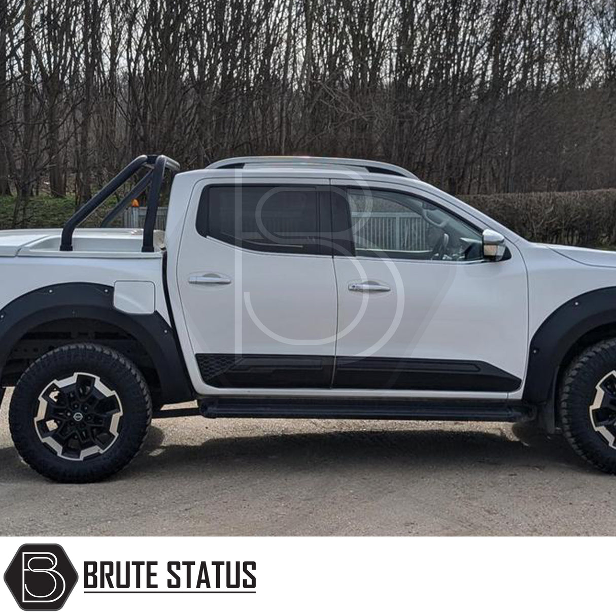 Rugged body cladding kit for Nissan Navara NP300 (2015–2022), includes 4 durable ABS plastic pieces in a flat black finish, offering UV resistance, easy installation with double-sided tape, and strong protection for lower door panels