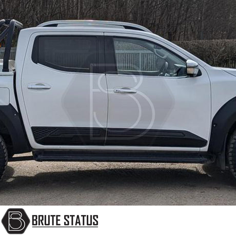 Rugged body cladding kit for Nissan Navara NP300 (2015–2022), includes 4 durable ABS plastic pieces in a flat black finish, offering UV resistance, easy installation with double-sided tape, and strong protection for lower door panels