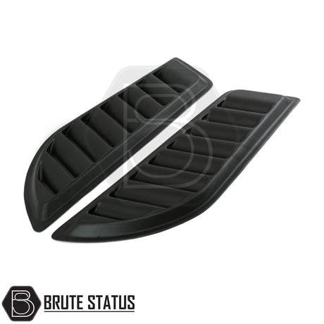 Universal matte black ABS bonnet vents with adhesive tape, no-drill install, UV resistant, fits most trucks, includes all parts