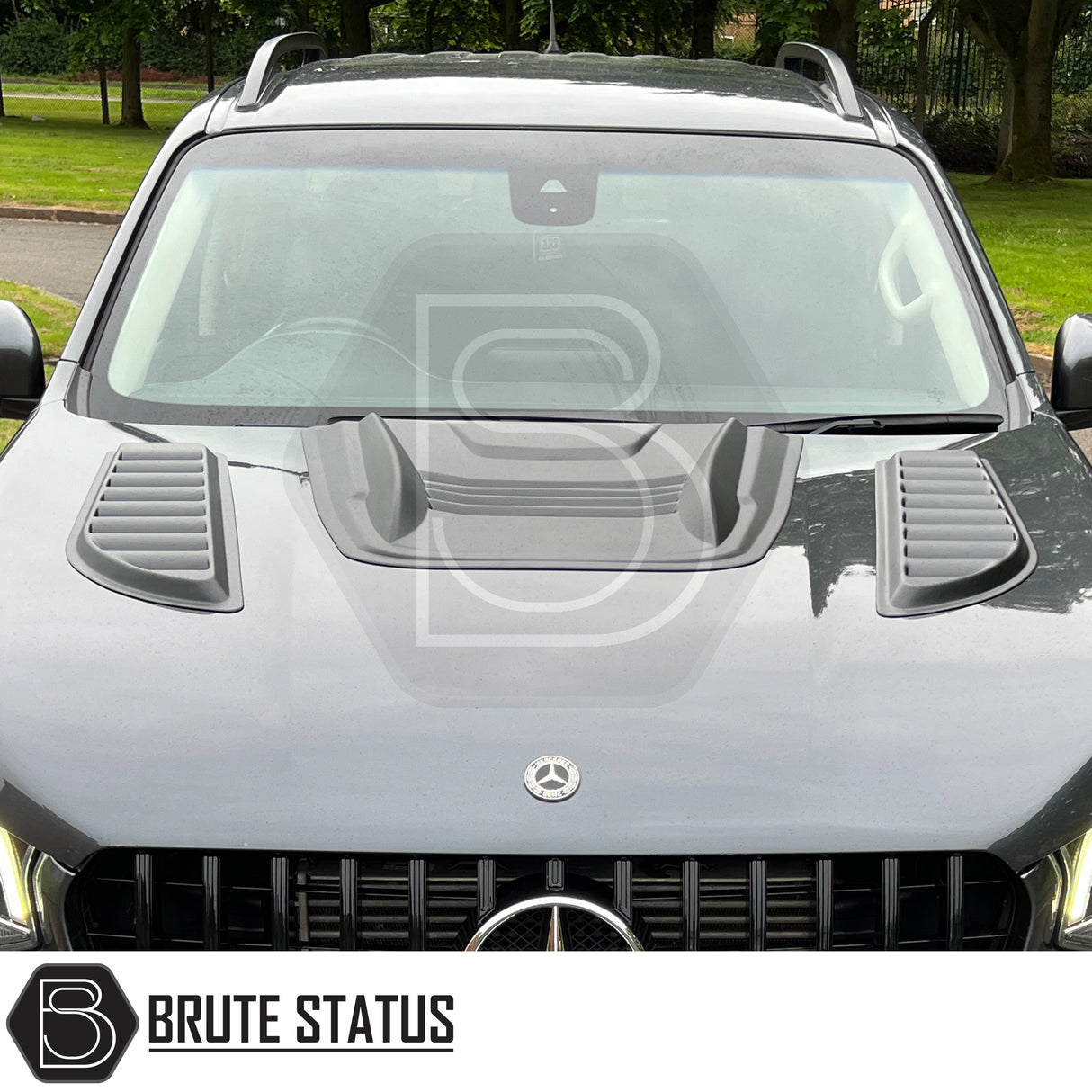 Universal matte black ABS bonnet vents with adhesive tape, no-drill install, UV resistant, fits most trucks, includes all parts