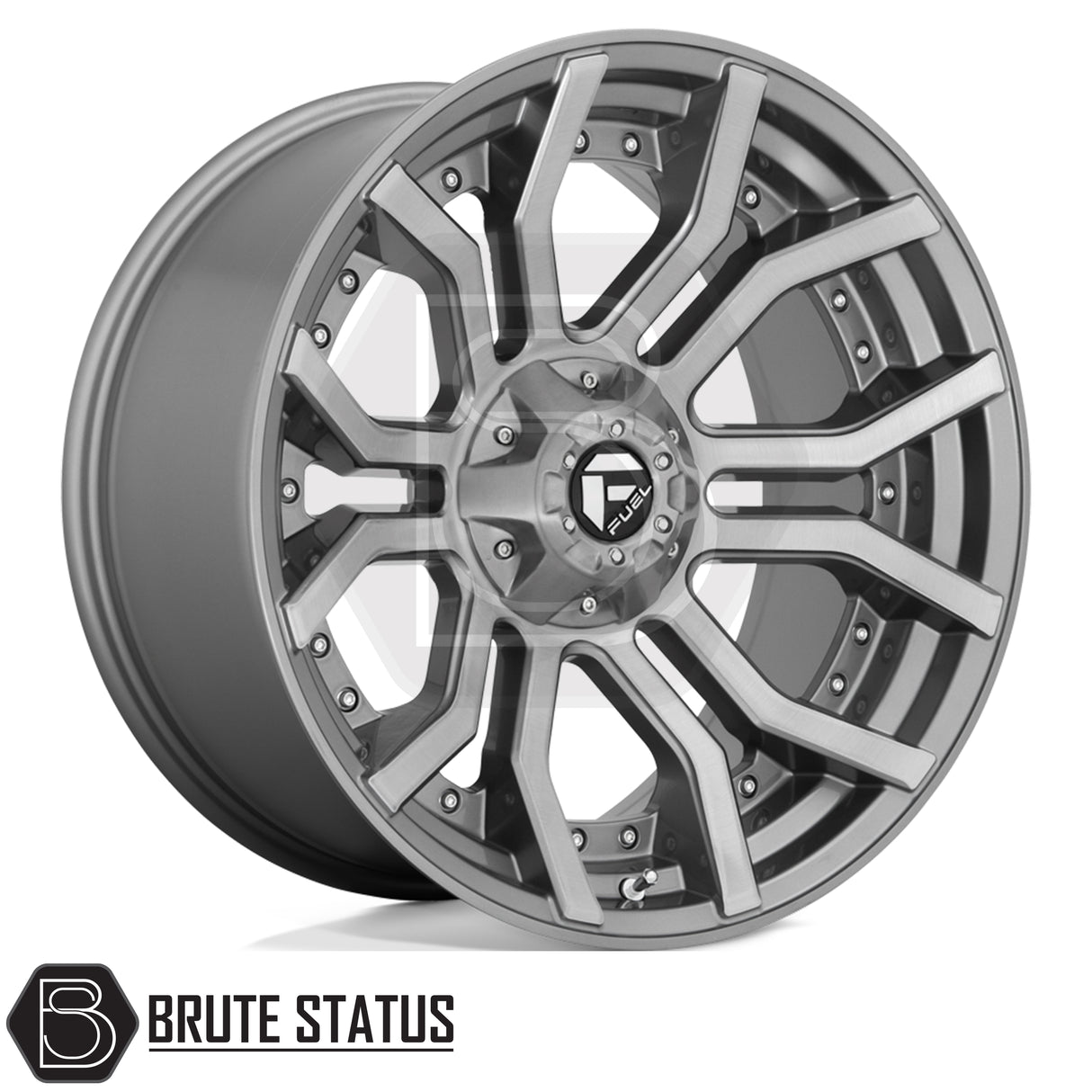 Fuel Rage alloy wheels in brushed gunmetal grey, premium 20x9 off-road wheels with 6x139.7 PCD for pickup trucks and 4x4 vehicles.