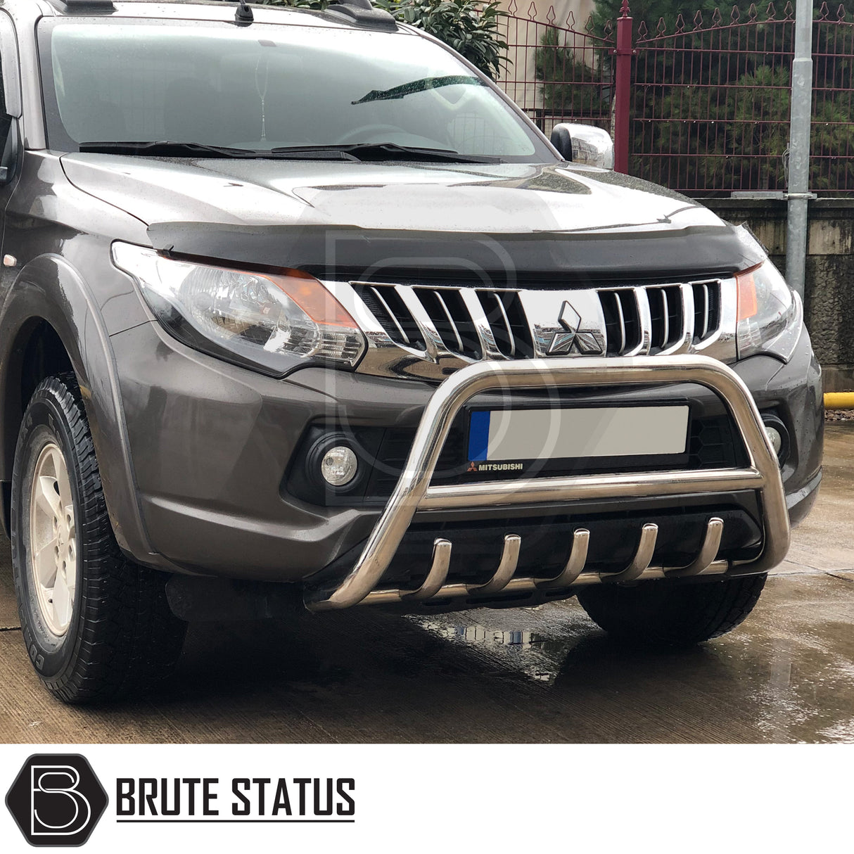 Chrome nudge bar fitted to a 2018–2021 SsangYong Musso, manufactured from durable carbon steel to enhance styling and provide bumper protection, featuring a TÜV-certified, no-drill, DIY installation using chassis-mounted U-brackets.