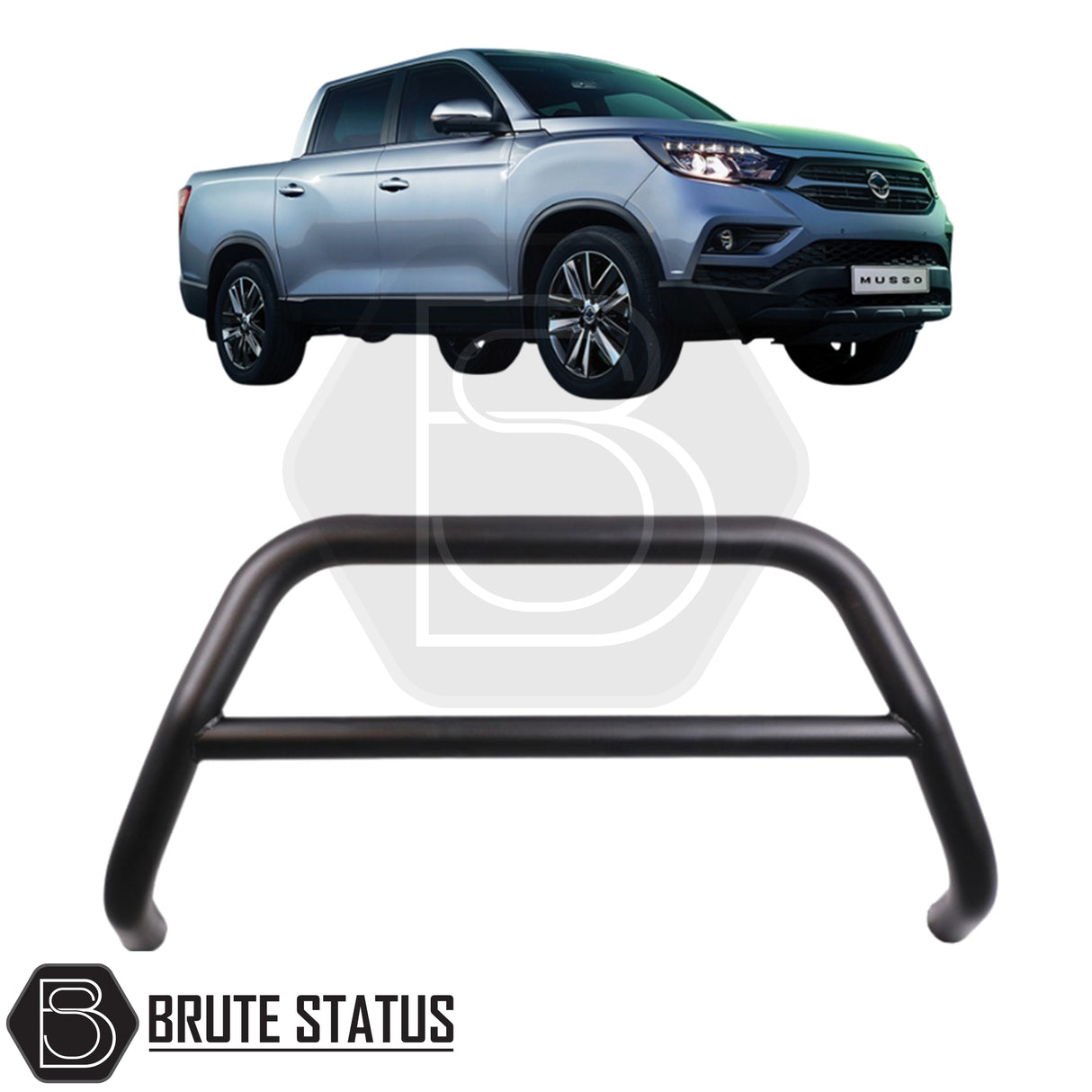 Matte black city bar for a SsangYong Musso 2018-2021, made from durable carbon steel to enhance styling and provide bumper protection, featuring a TÜV-certified, no-drill, DIY installation using chassis-mounted U-brackets.