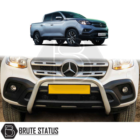 chrome bull/nudge bar for the SsangYong Musso 2018-2021 pickup truck, showcasing its rugged design and protective build