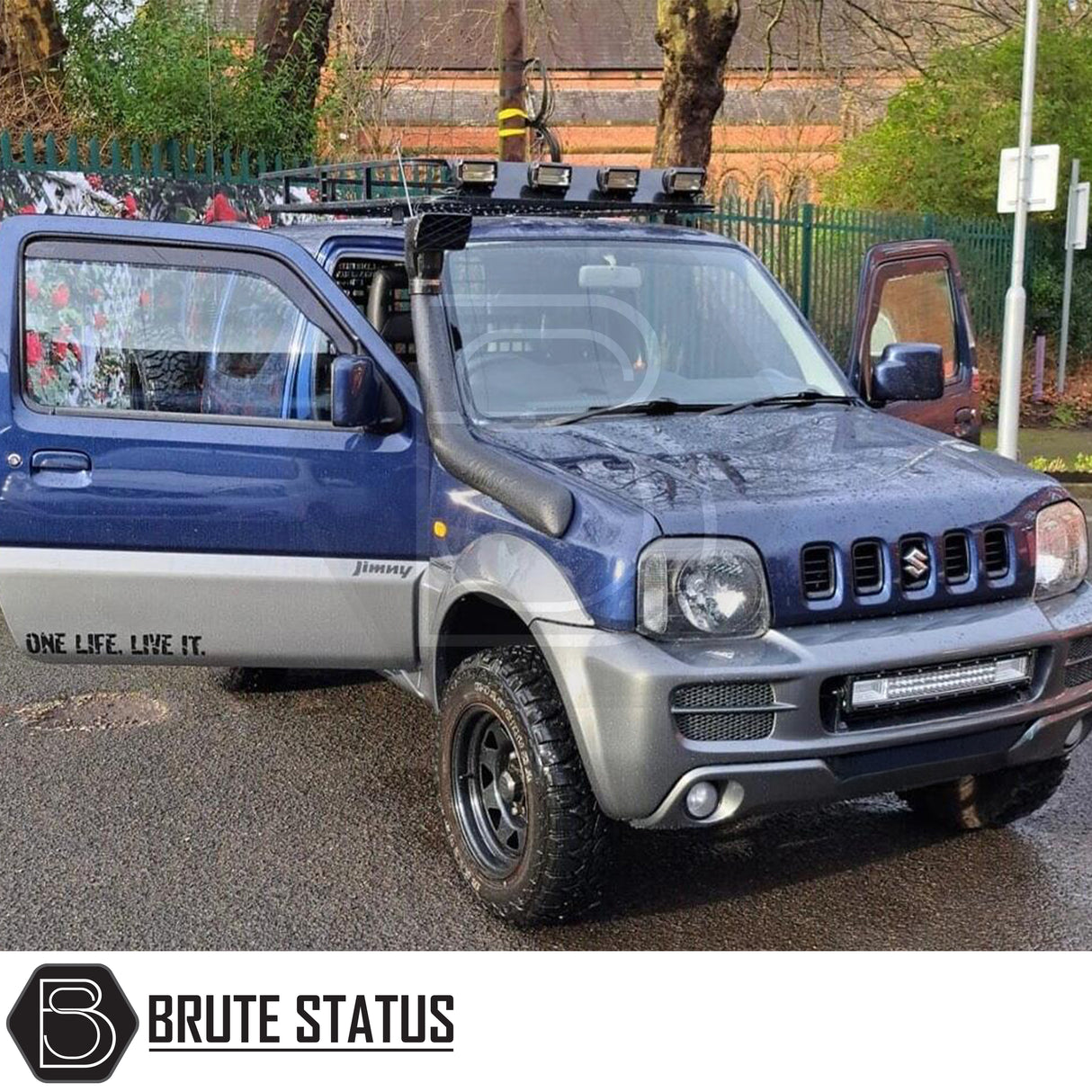 Durable LLDPE heavy duty air intake snorkel kit for Suzuki Jimny 1998-2018 1.3L petrol, including stainless steel clamps, brackets, and installation fittings.
