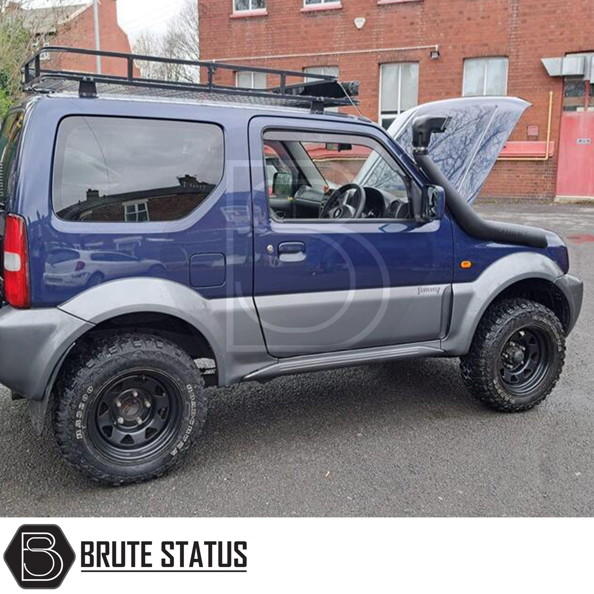 Heavy duty RAM style snorkel intake kit for Suzuki Jimny 1.3 petrol (1998-2018), including intake pipe, mounting studs, locking nuts, clamps, and fitting instructions.