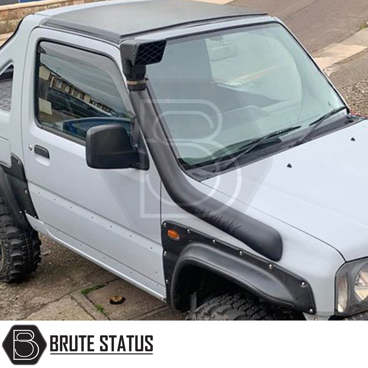 High quality performance snorkel air intake kit for 1998-2018 Suzuki Jimny 1.3 petrol models, showing RAM style intake head and mounting hardware included.