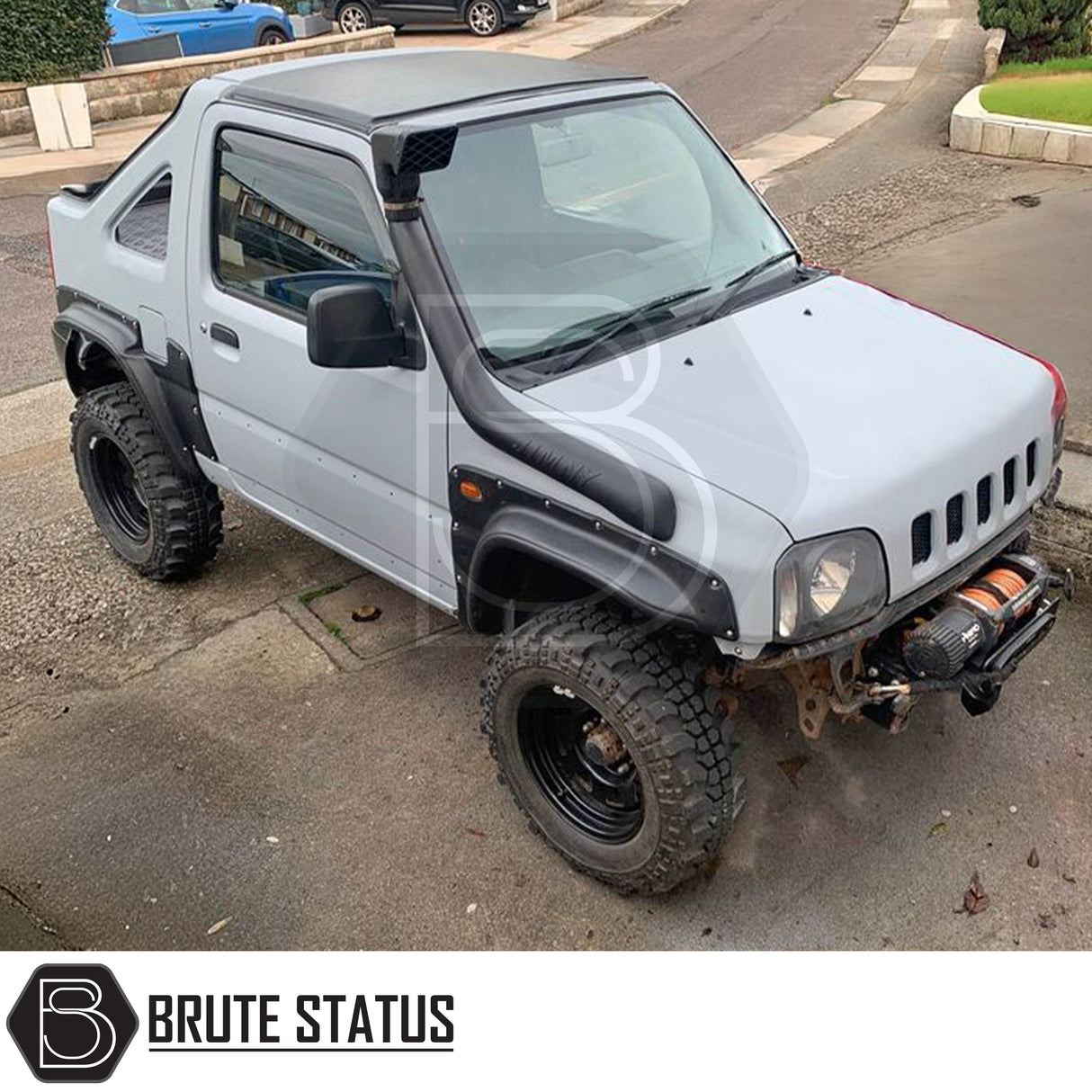 Off-road snorkel air intake kit for 1998–2018 Suzuki Jimny 1.3L petrol models, constructed from heavy duty UV resistant LLDPE with RAM intake head and complete mounting hardware supplied.