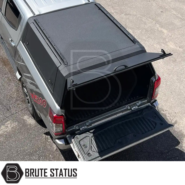 Heavy-duty steel rear canopy with Line-X coating, multi-access doors, and roof rails for Isuzu D-Max 2012-2021 pickup truck