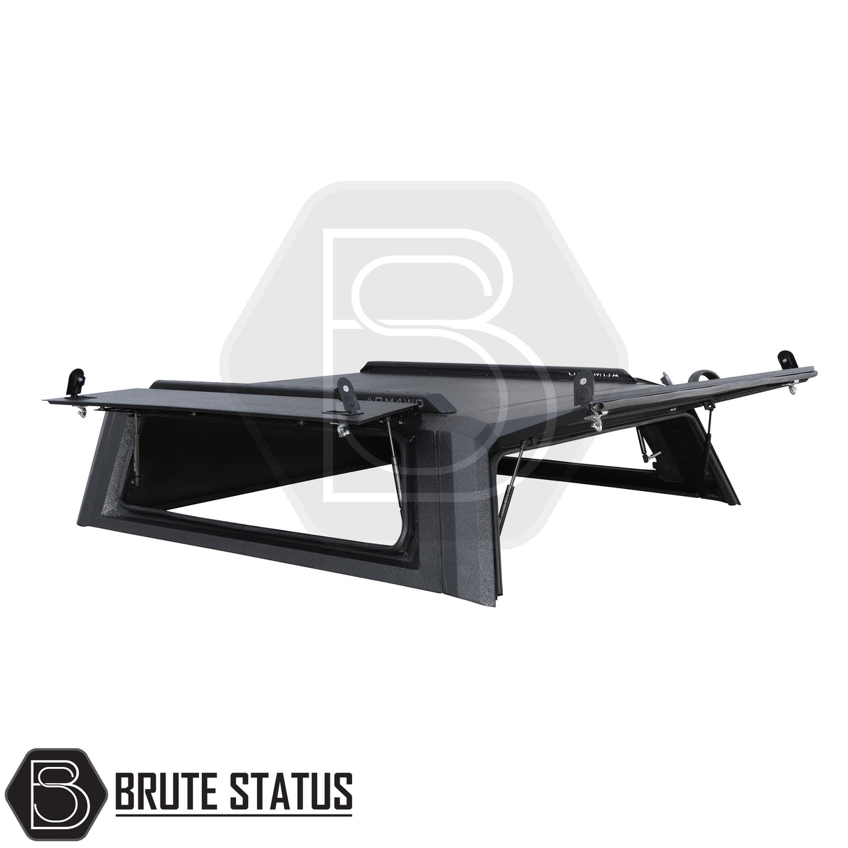 Heavy-duty AQM T80 steel rear canopy with Line-X coating and T40 roof rack for 2015+ Toyota Hilux double cab pickup truck– weatherproof, secure, and ready for work or adventure