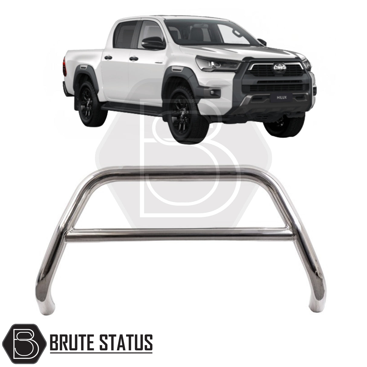 Chrome A-Bar nudge bar for Toyota Hilux pickup truck (2020+), designed for bumper protection and enhanced styling.