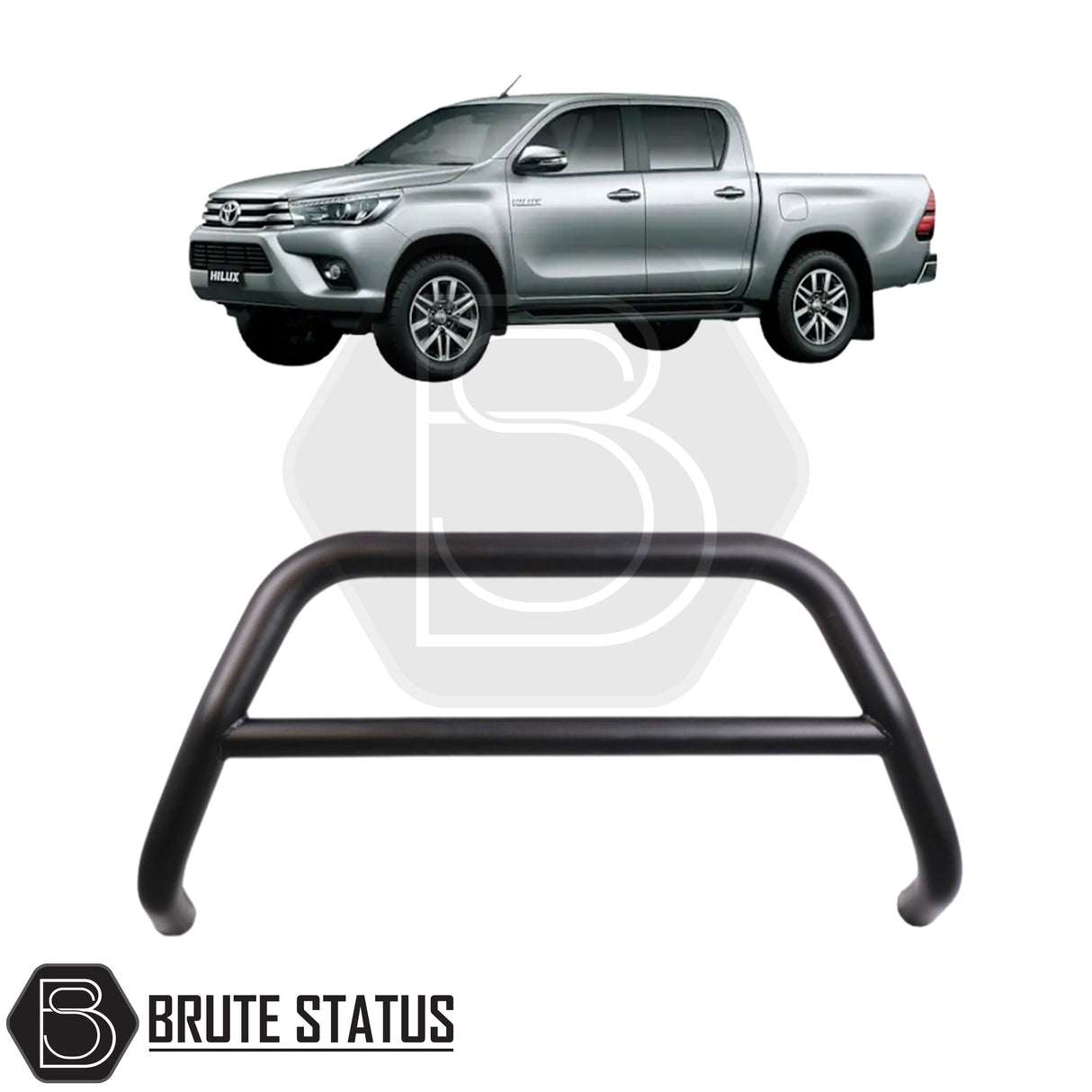 Matte black city bar fitted to a 2016-2020 Toyota Hilux, made from durable carbon steel to enhance styling and provide bumper protection, featuring a TÜV-certified, no-drill, DIY installation using chassis-mounted U-brackets.