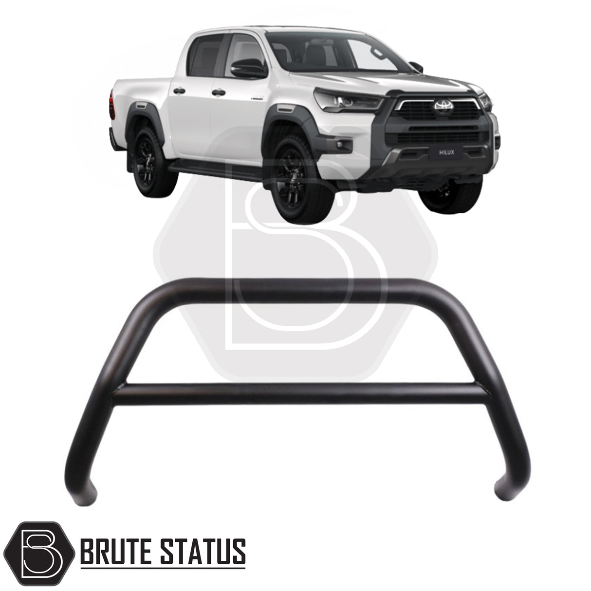 Matte Black A-Bar nudge bar for Toyota Hilux pickup truck (2020+), designed for bumper protection and enhanced styling.