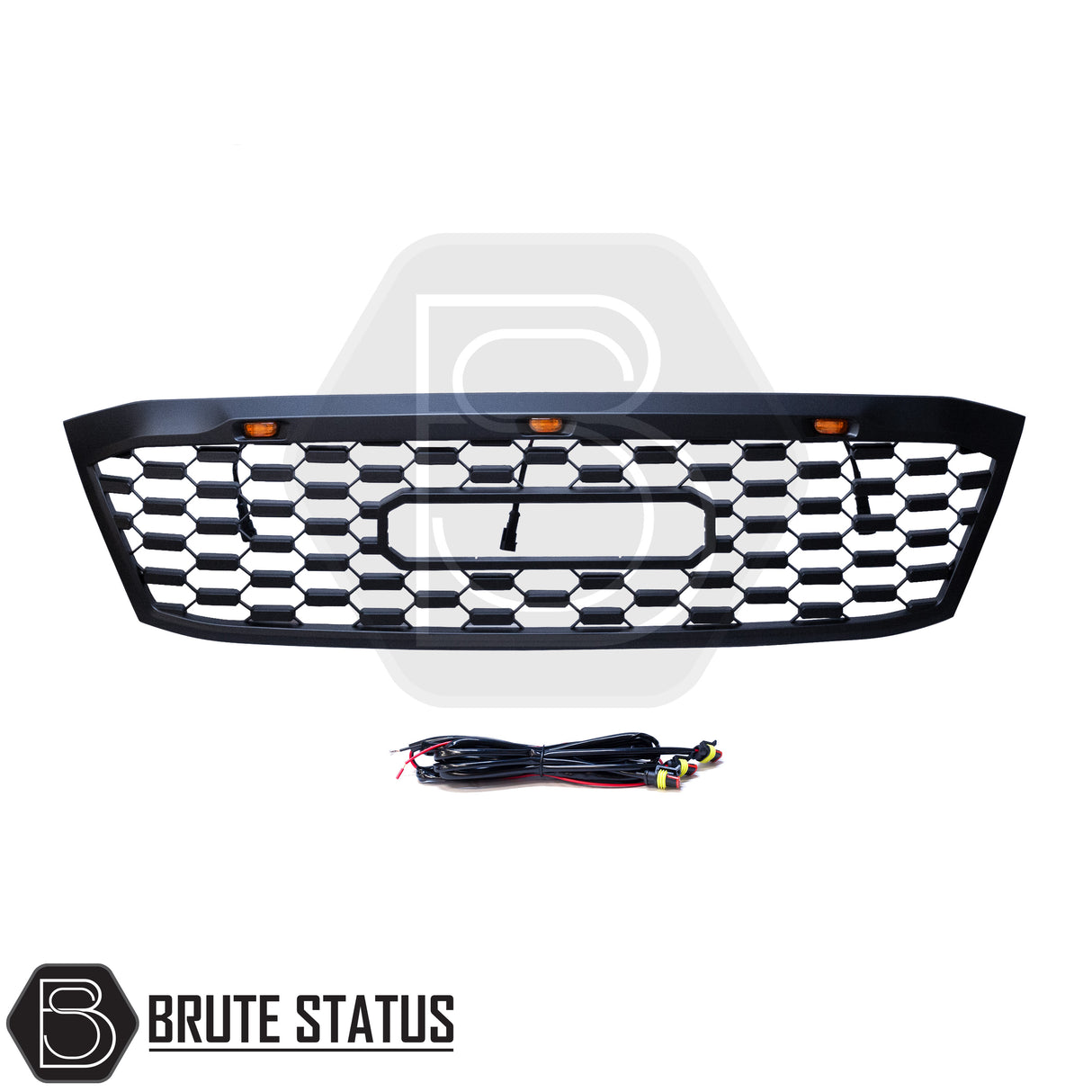 Matte black aftermarket grille with three bright amber LED lights, designed for Toyota Hilux 2005–2011 (MK6). Made from durable ABS plastic with a smooth black finish, it fits using existing mounting points with no drilling require
