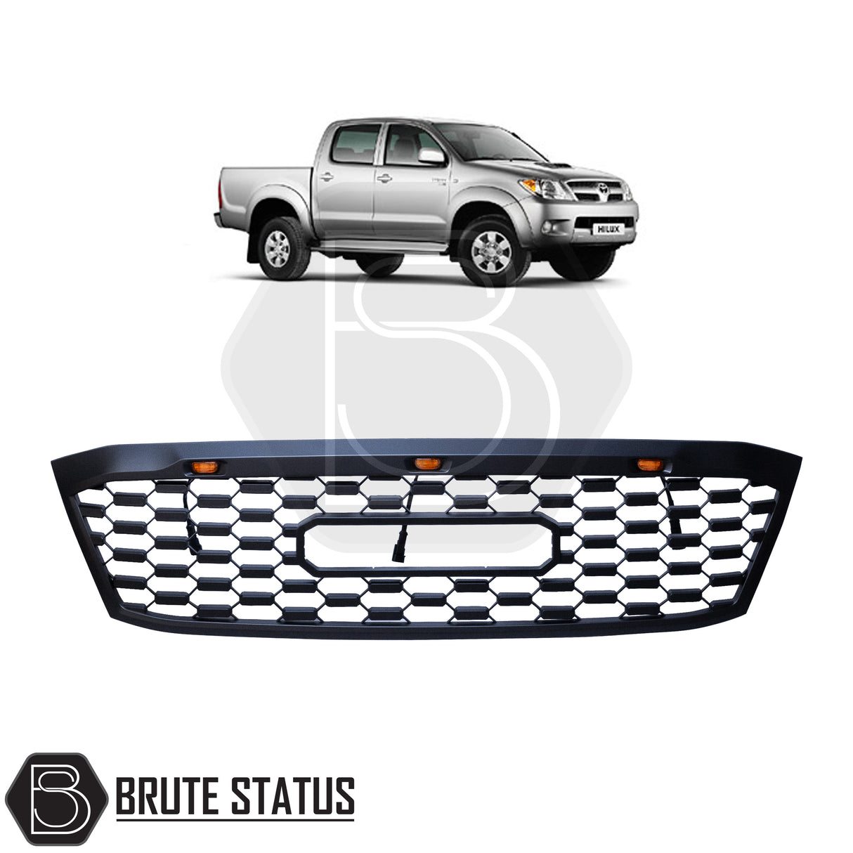 Matte black aftermarket grille with three bright amber LED lights, designed for Toyota Hilux 2005–2011 (MK6). Made from durable ABS plastic with a smooth black finish, it fits using existing mounting points with no drilling require