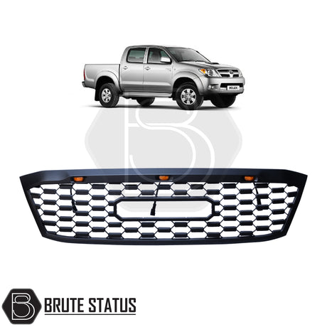 Matte black aftermarket grille with three bright amber LED lights, designed for Toyota Hilux 2005–2011 (MK6). Made from durable ABS plastic with a smooth black finish, it fits using existing mounting points with no drilling require