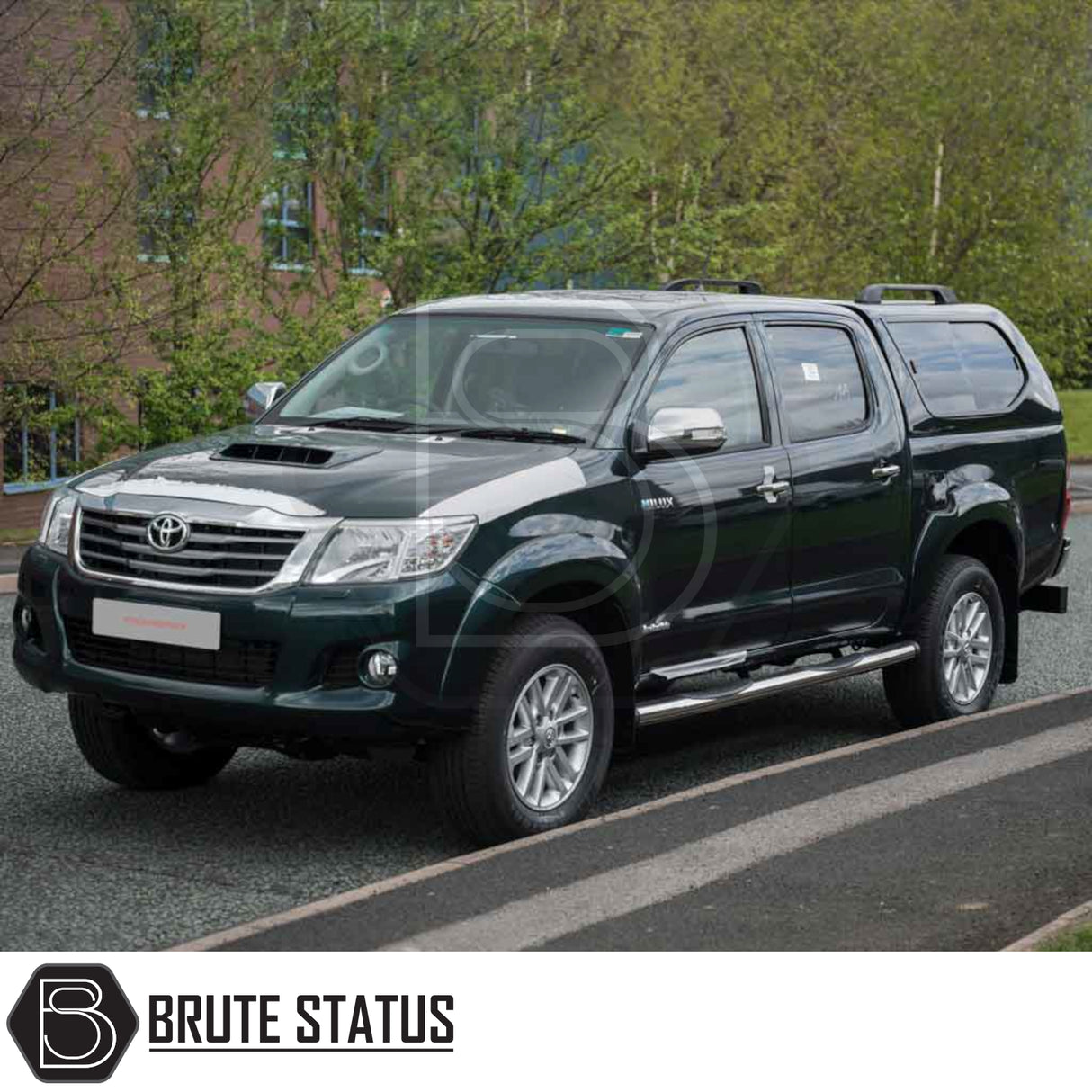 Toyota Hilux 2005-2016 MK6, MK7 Truckman GLS Hardtop Canopy with remote locking, shown on a dark-green pickup, featuring sliding windows and a sporty design.